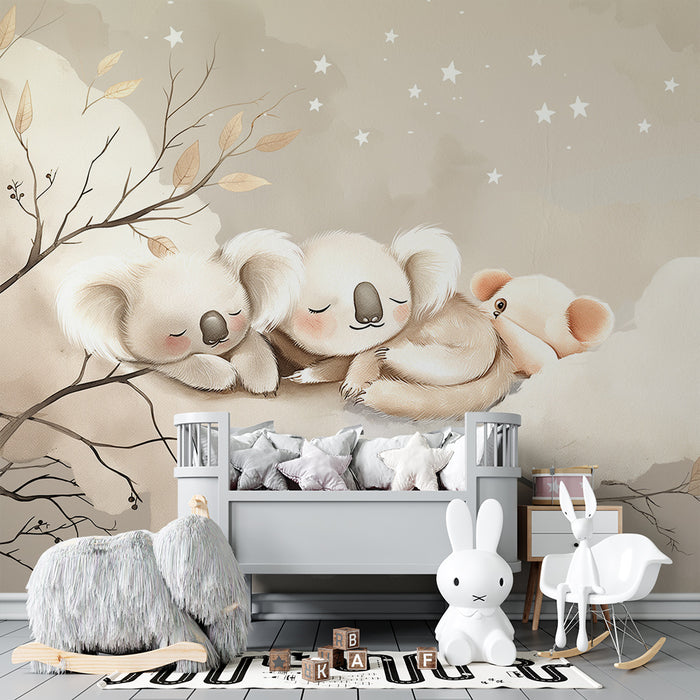 Nursery room wallpaper | Sleeping koalas on a soft cloud
