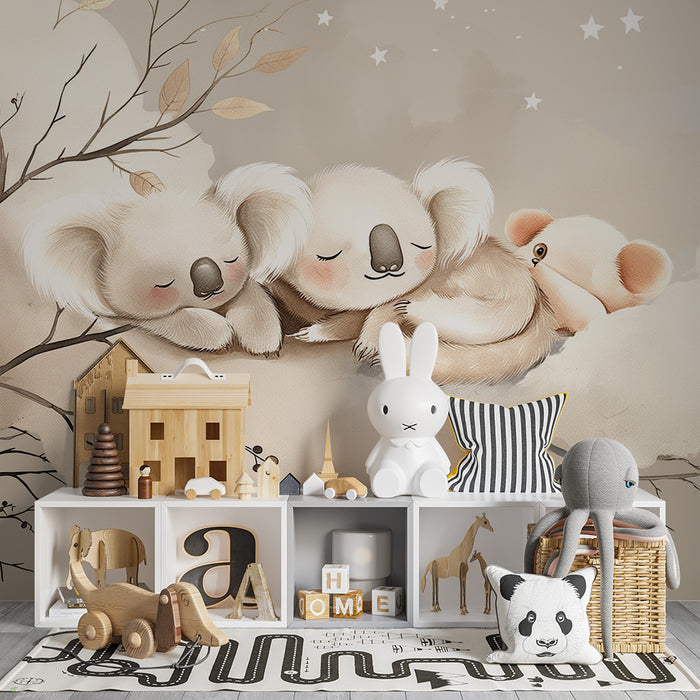 Nursery room wallpaper | Sleeping koalas on a soft cloud