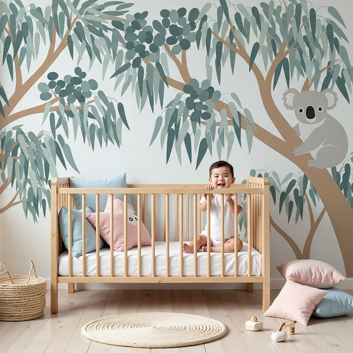 Papel de parede quarto bebê | Veseli koale u eukaliptusovom dekoru