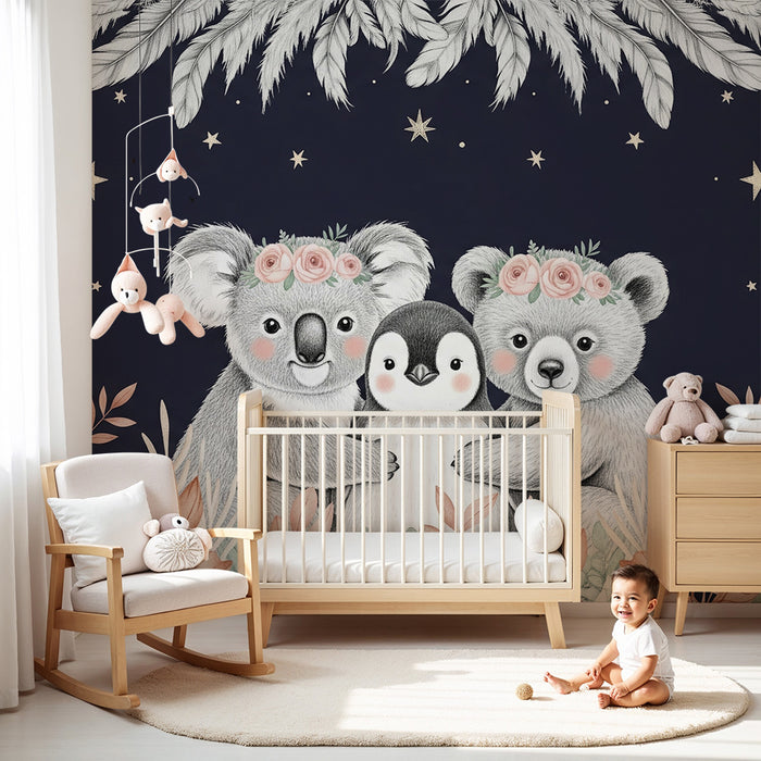 Nursery room wallpaper | Koalas and penguins under the stars
