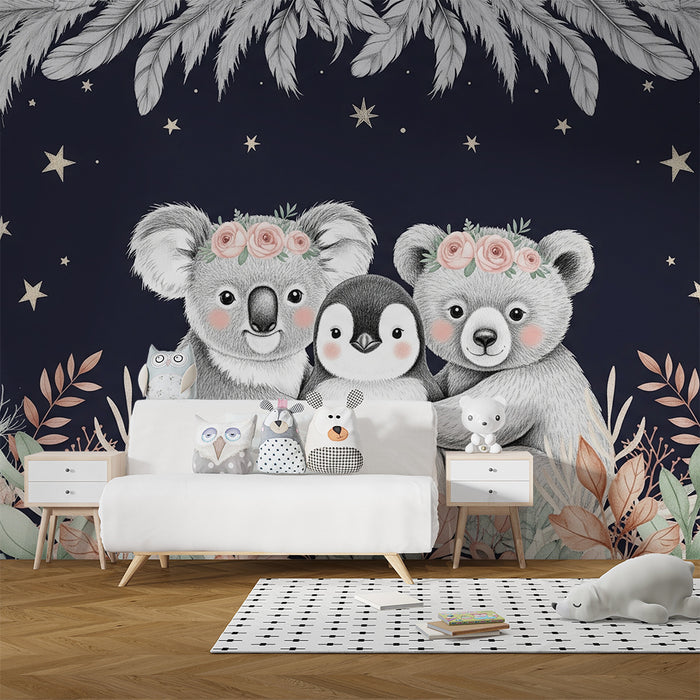 Nursery room wallpaper | Koalas and penguins under the stars