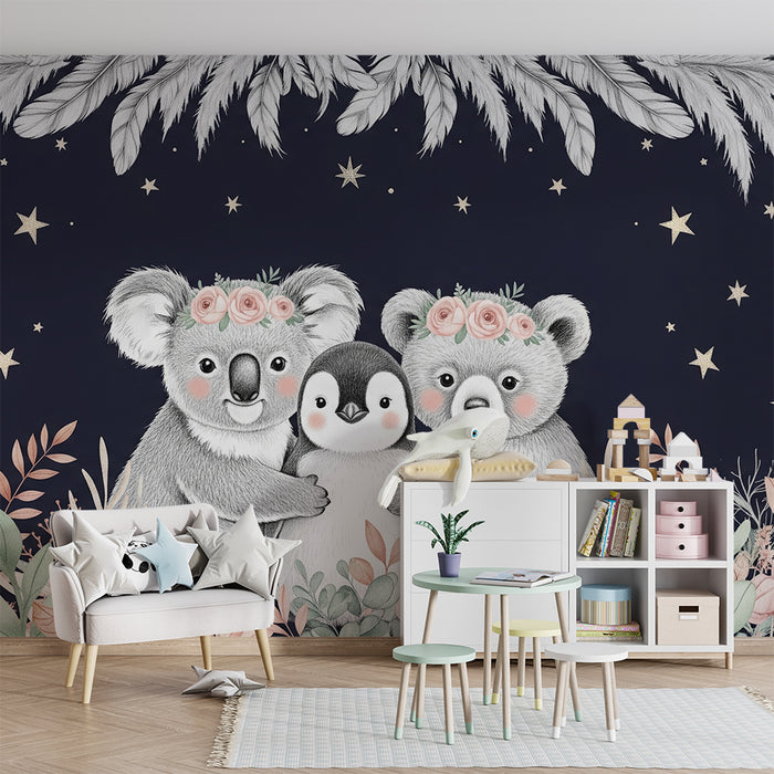 Nursery room wallpaper | Koalas and penguins under the stars