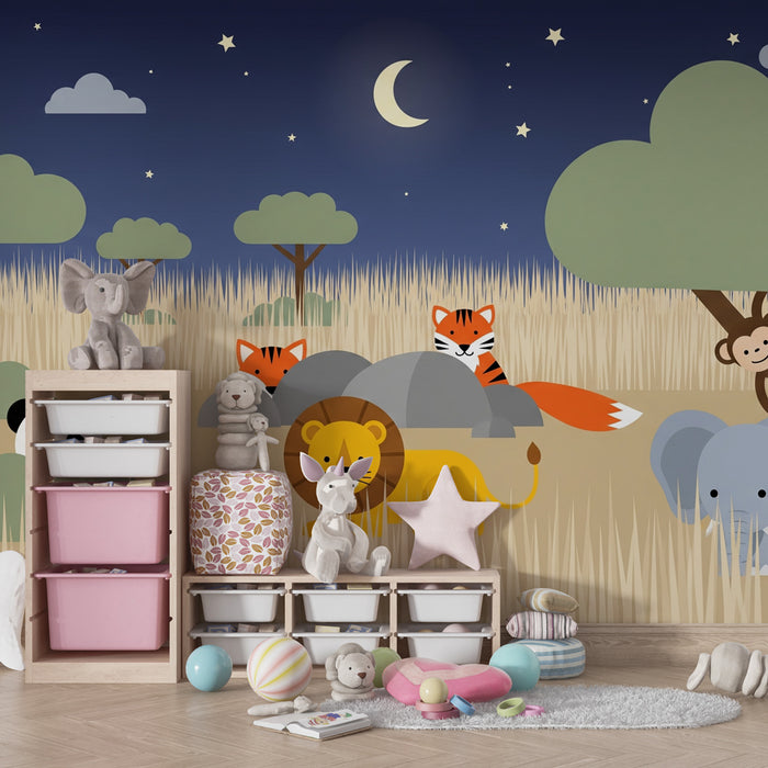 Papel pintado infantil | La noche en el safari con animales lindos
