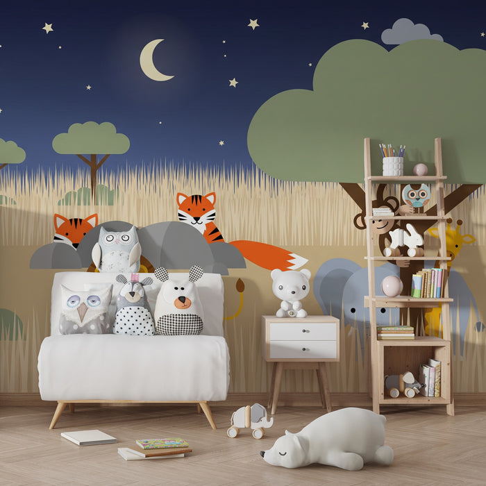 Papel pintado infantil | La noche en el safari con animales lindos