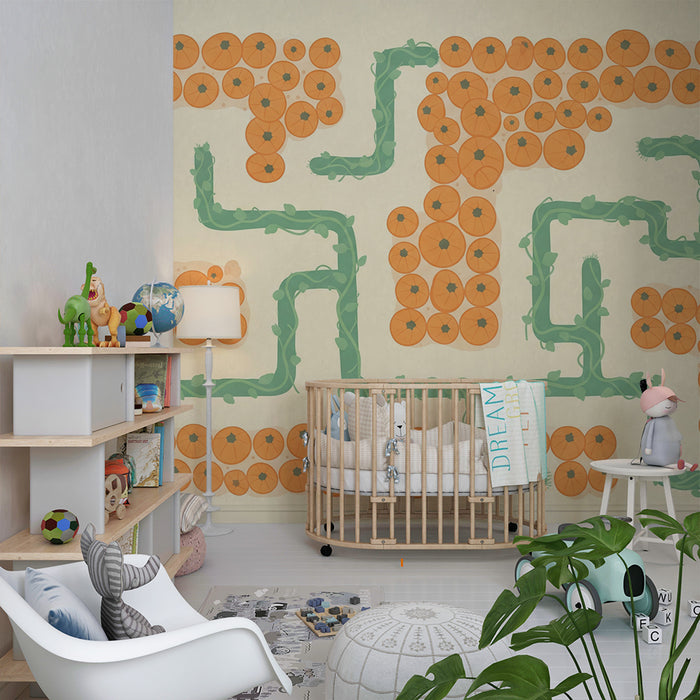 Nursery room wallpaper | Maze of pumpkins and green vines