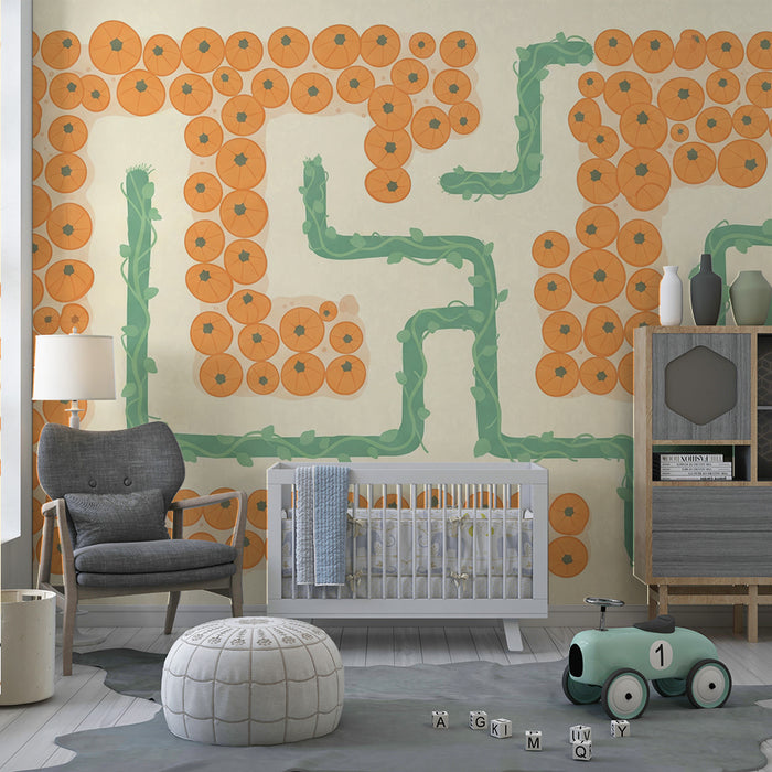 Nursery room wallpaper | Maze of pumpkins and green vines