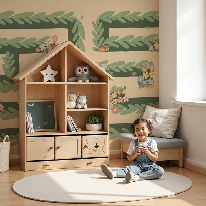 Nursery room wallpaper | Labyrinth of foliage and colorful flowers on a soft background