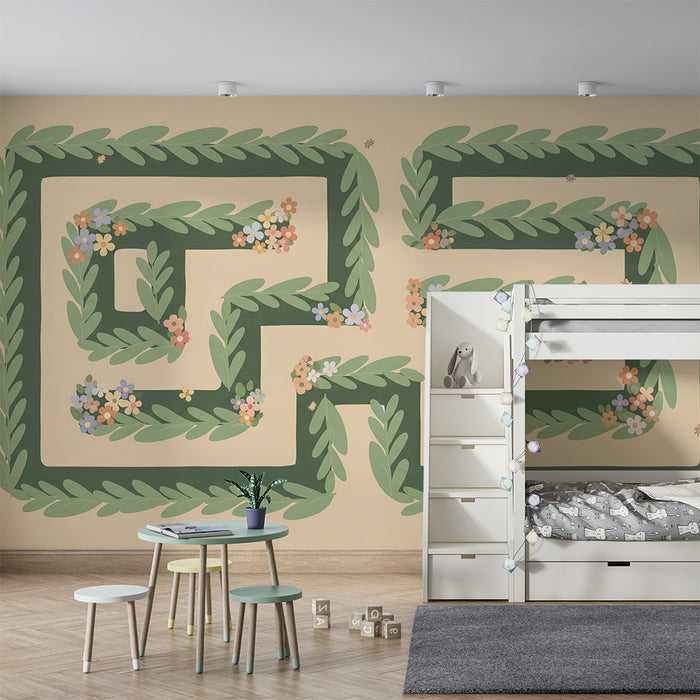 Nursery room wallpaper | Labyrinth of foliage and colorful flowers on a soft background
