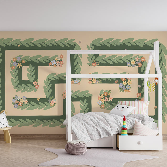 Nursery room wallpaper | Labyrinth of foliage and colorful flowers on a soft background