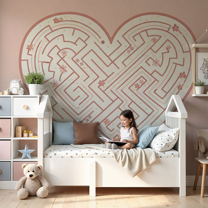 Nursery room wallpaper | Heart-shaped labyrinth with delicate flowers