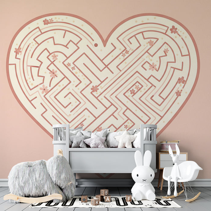 Nursery room wallpaper | Heart-shaped labyrinth with delicate flowers