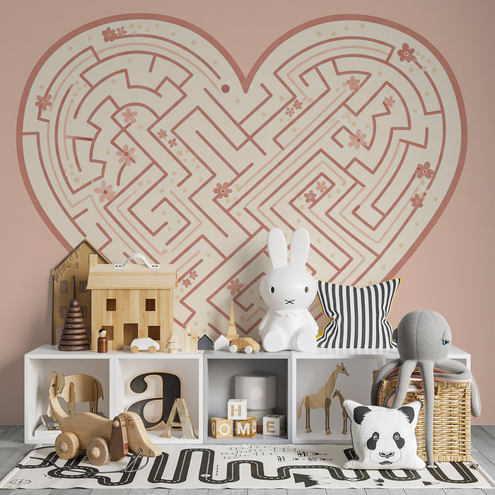 Nursery room wallpaper | Heart-shaped labyrinth with delicate flowers