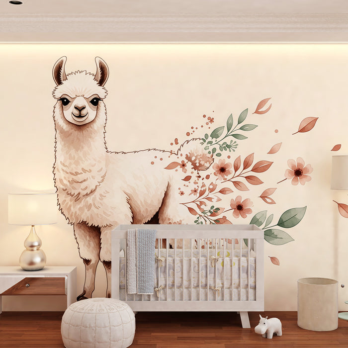 Barnrumstapet | Söt lama med blommor och mjuka blad