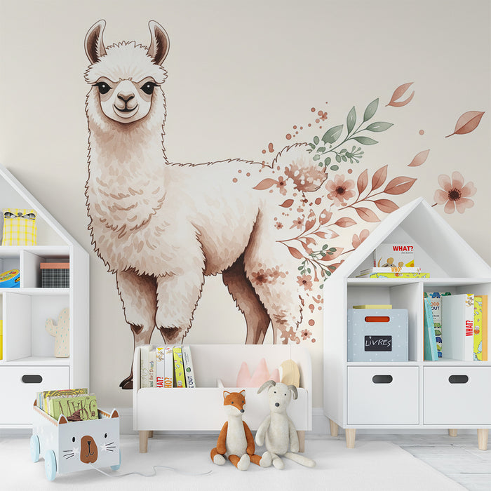 Barnrumstapet | Söt lama med blommor och mjuka blad