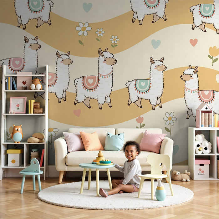 Papel pintado para habitación infantil | Lamas adorables sobre un fondo suave y colorido