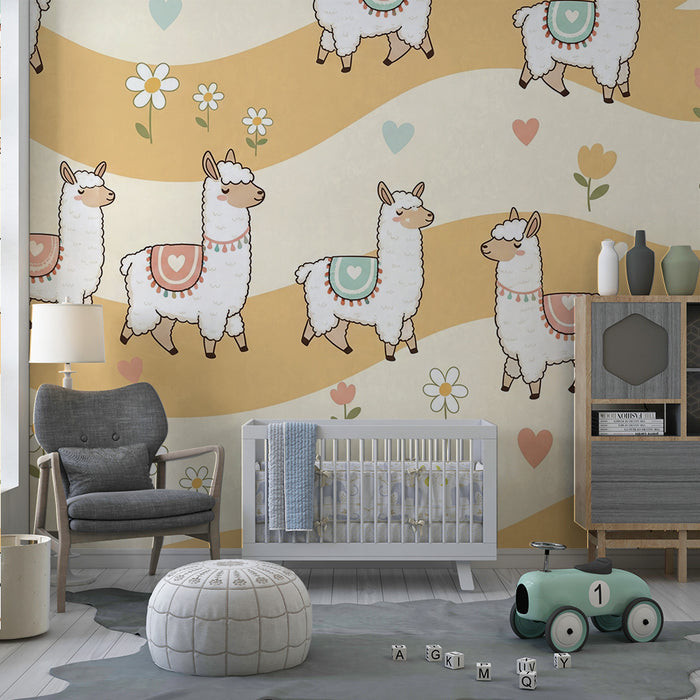 Papel pintado para habitación infantil | Lamas adorables sobre un fondo suave y colorido