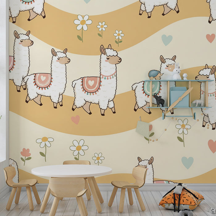 Papel pintado para habitación infantil | Lamas adorables sobre un fondo suave y colorido