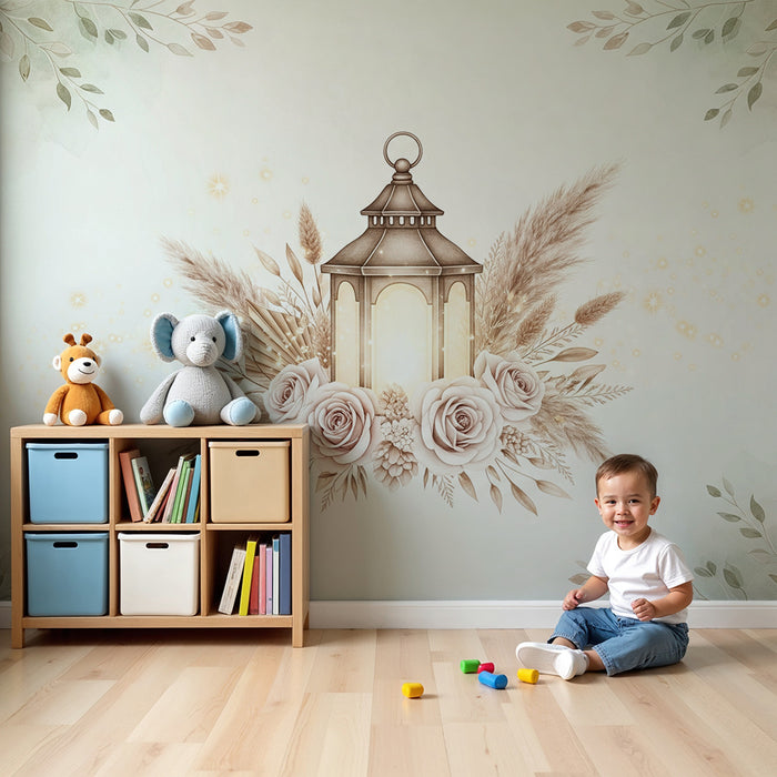 Papier peint chambre bébé | Lanterne douce entourée de roses et de feuillage délicat