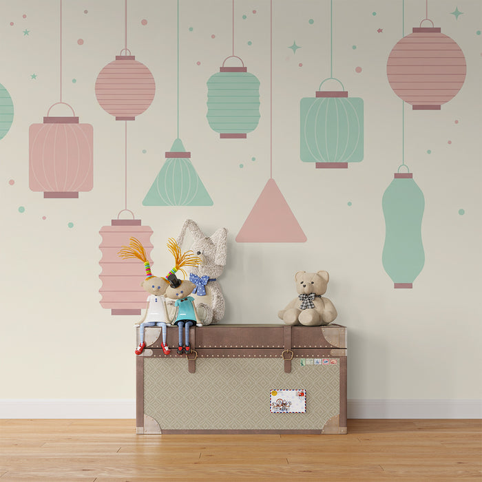 Papel de parede quarto bebê | Lanternas coloridas e estrelas brilhantes