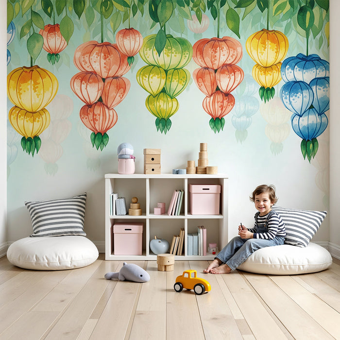Papel pintado para habitación infantil | Linternas de colores suspendidas sobre un fondo suave