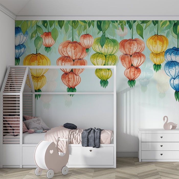 Papel pintado para habitación infantil | Linternas de colores suspendidas sobre un fondo suave