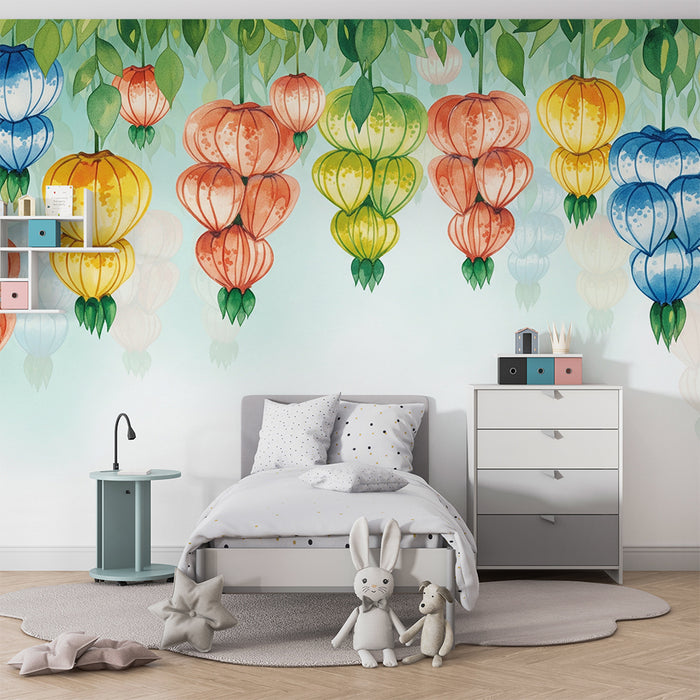 Papel pintado para habitación infantil | Linternas de colores suspendidas sobre un fondo suave