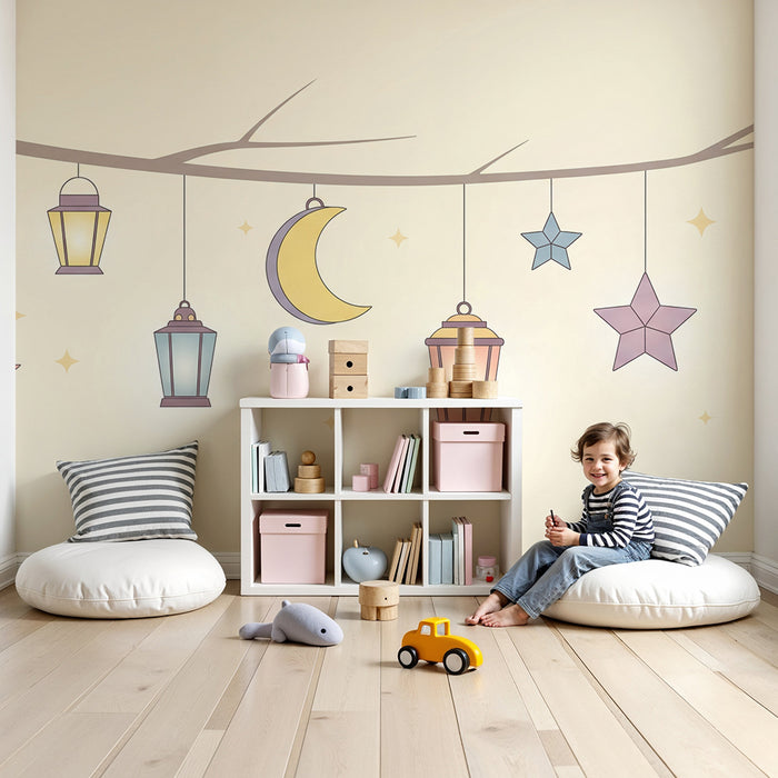 Barntapet | Lyktor och månskäror hängande i en stjärnklar himmel