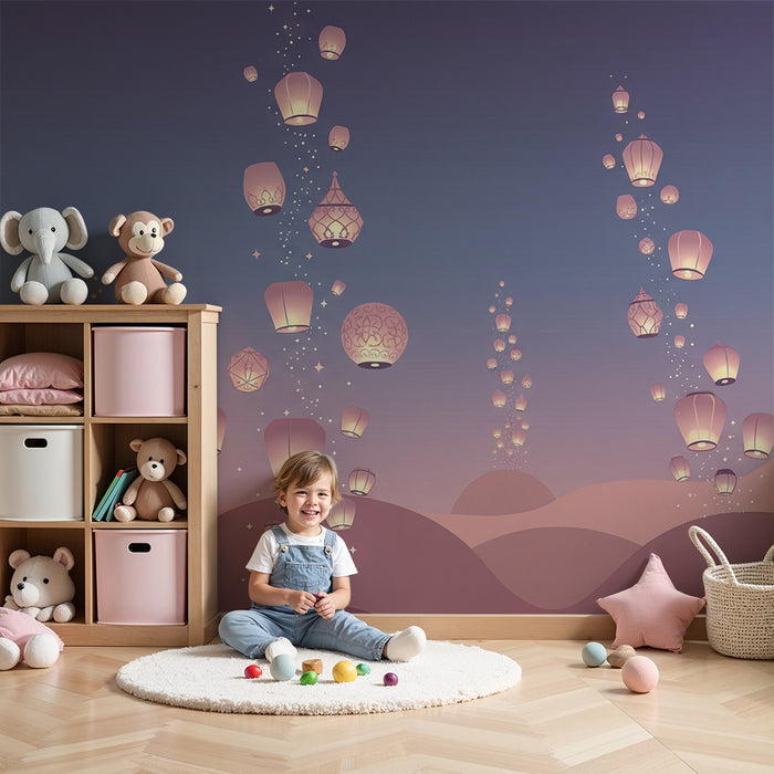 Papel de parede quarto bebê | Lanternas flutuantes num céu estrelado