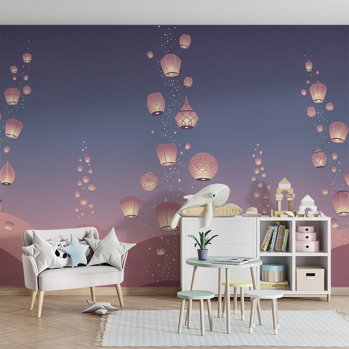 Papel de parede quarto bebê | Lanternas flutuantes num céu estrelado
