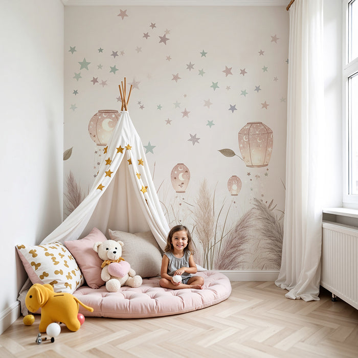 Papier peint chambre bébé | Lanternes scintillantes et étoiles dans un champ de fleurs