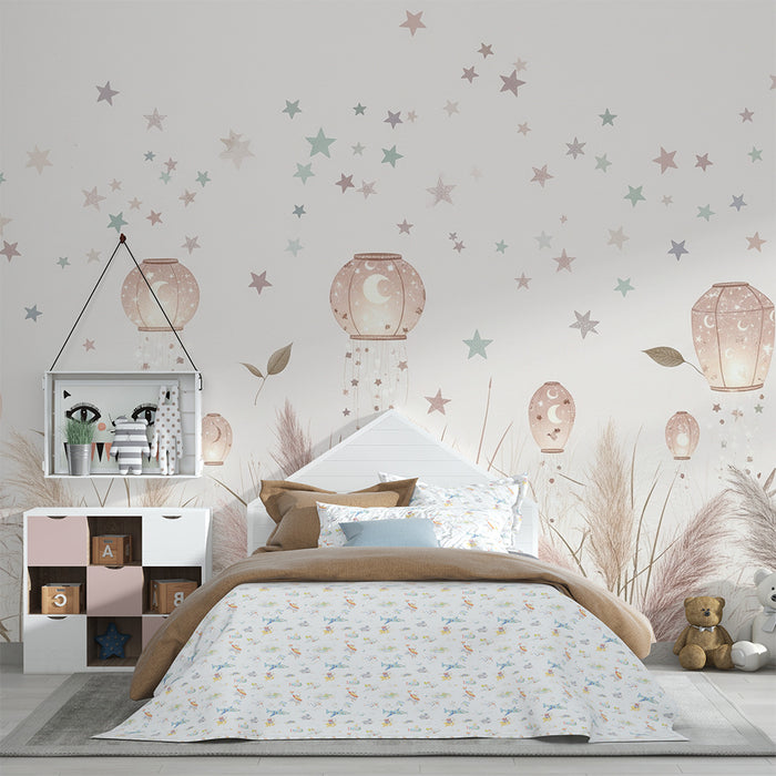 Papier peint chambre bébé | Lanternes scintillantes et étoiles dans un champ de fleurs