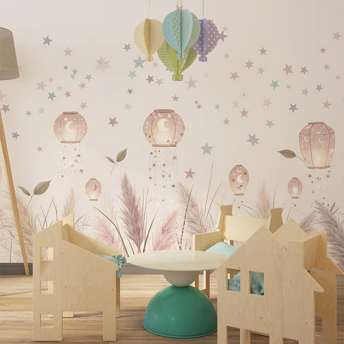 Papier peint chambre bébé | Lanternes scintillantes et étoiles dans un champ de fleurs