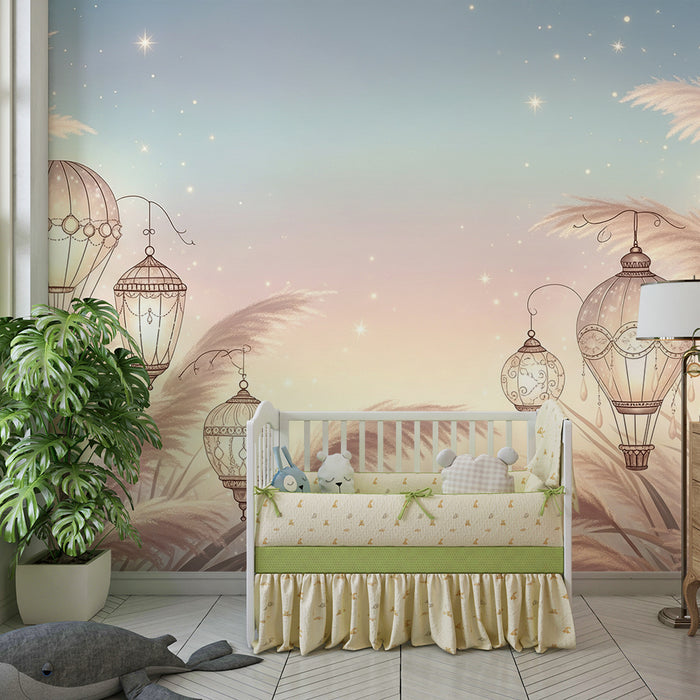 Papier peint chambre bébé | Lanternes suspendues et plumes douces dans des tons pastel