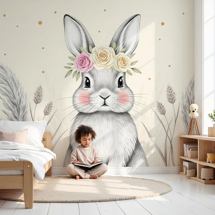 Nursery room wallpaper | Adorable rabbit with flower crown
