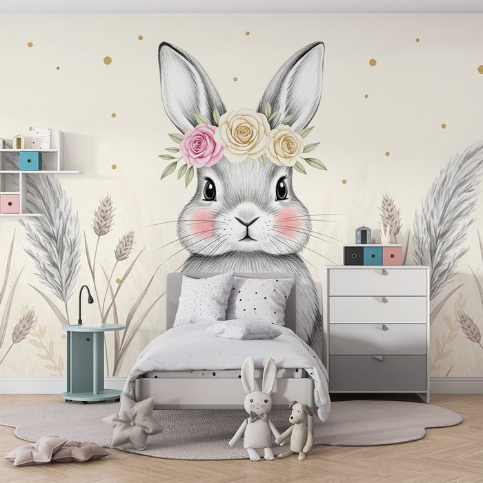 Nursery room wallpaper | Adorable rabbit with flower crown