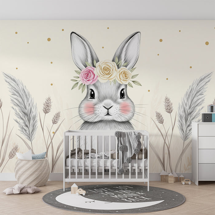 Nursery room wallpaper | Adorable rabbit with flower crown