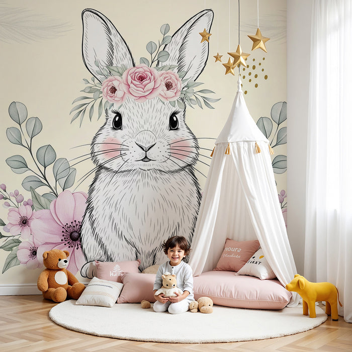 Nursery room wallpaper | Adorable rabbit with flowers and foliage