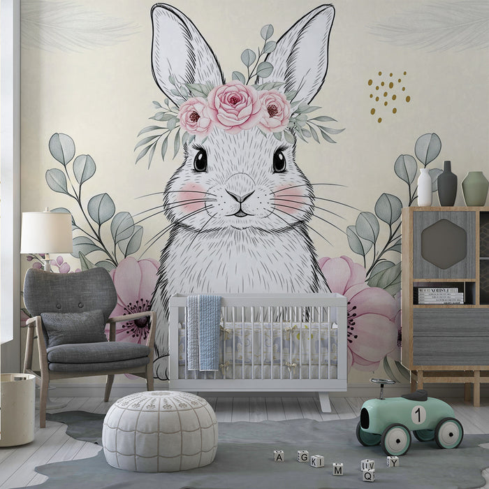Nursery room wallpaper | Adorable rabbit with flowers and foliage
