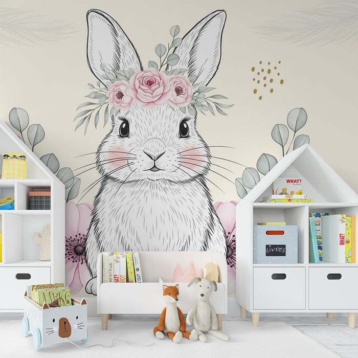 Nursery room wallpaper | Adorable rabbit with flowers and foliage