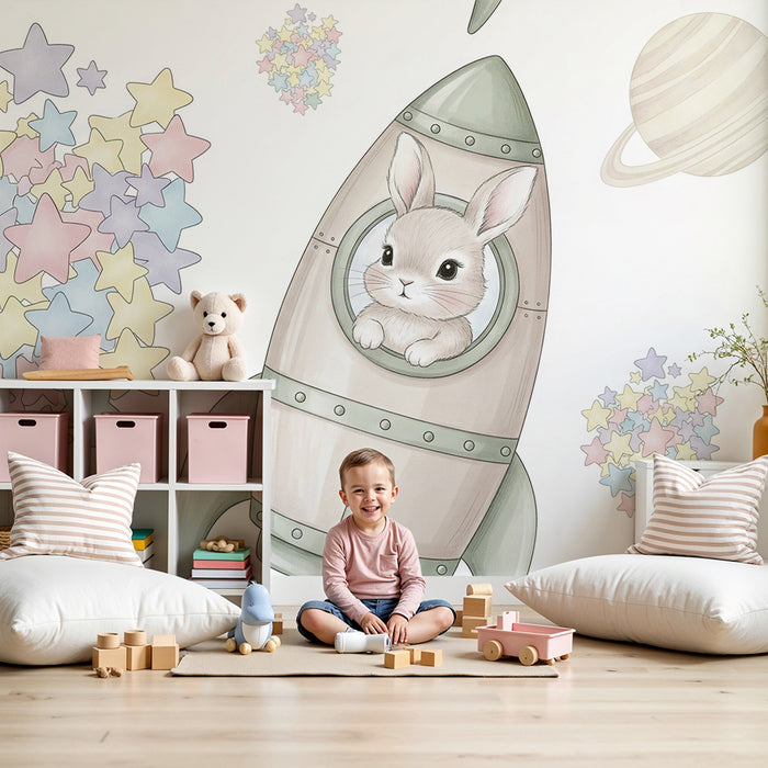 Papier peint chambre bébé | Lapin astronaute parmi les étoiles