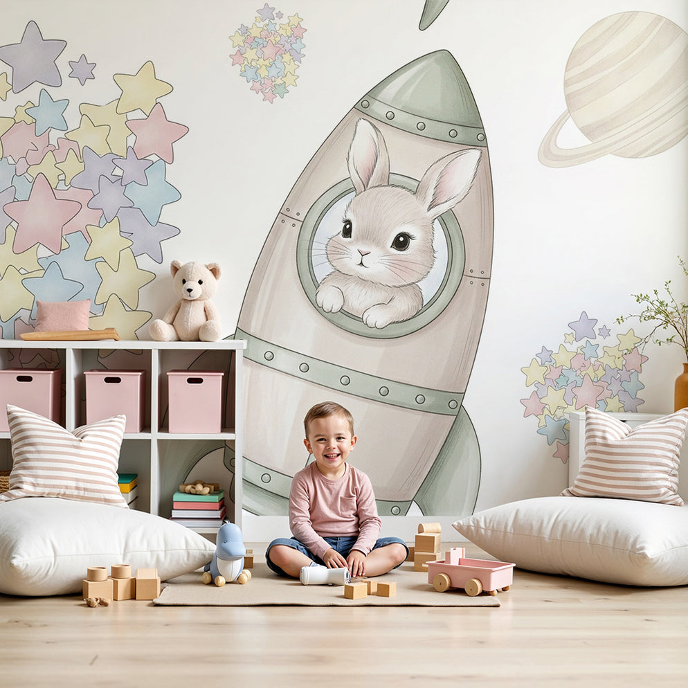Nursery wallpaper | Bunny astronaut in a rocket among pastel stars ...