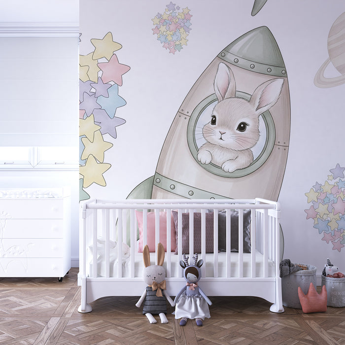 Papier peint chambre bébé | Lapin astronaute parmi les étoiles