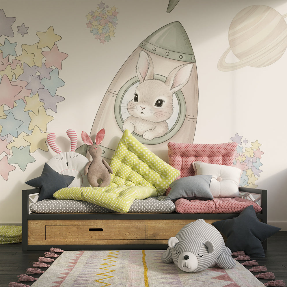 Nursery wallpaper | Bunny astronaut in a rocket among pastel stars ...