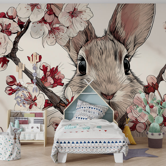 Papel de parede quarto bebê | Coelho com flores de cerejeira