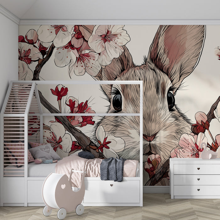 Papel de parede quarto bebê | Coelho com flores de cerejeira