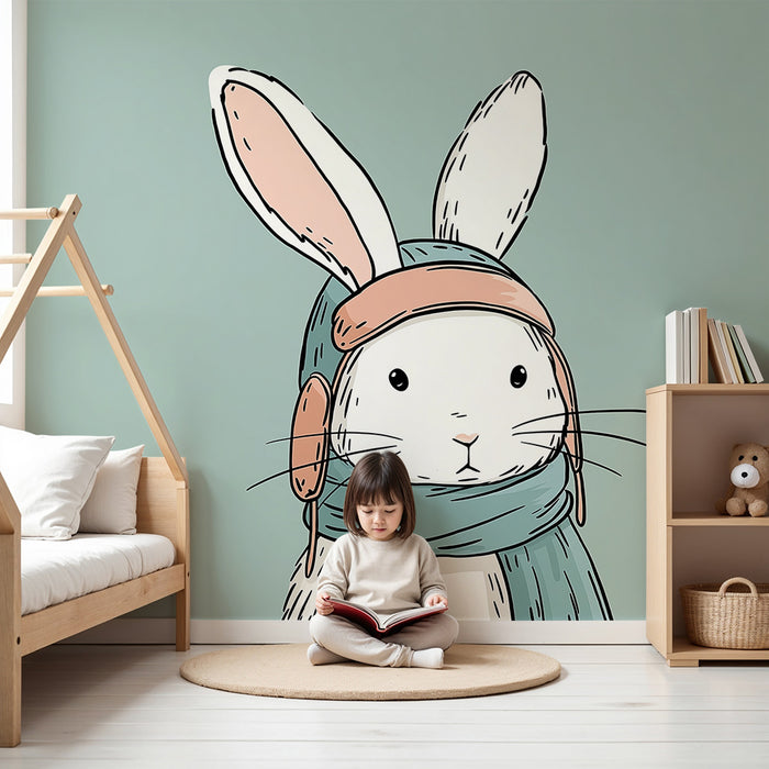 Nursery room wallpaper | Adventurous rabbit with scarf and helmet