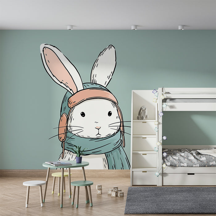 Nursery room wallpaper | Adventurous rabbit with scarf and helmet