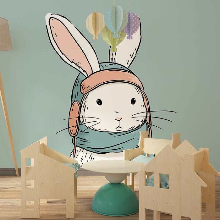 Nursery room wallpaper | Adventurous rabbit with scarf and helmet
