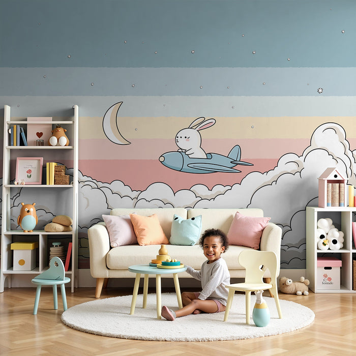Carta da parati bambini | Coniglio avventuriero in un cielo pastello