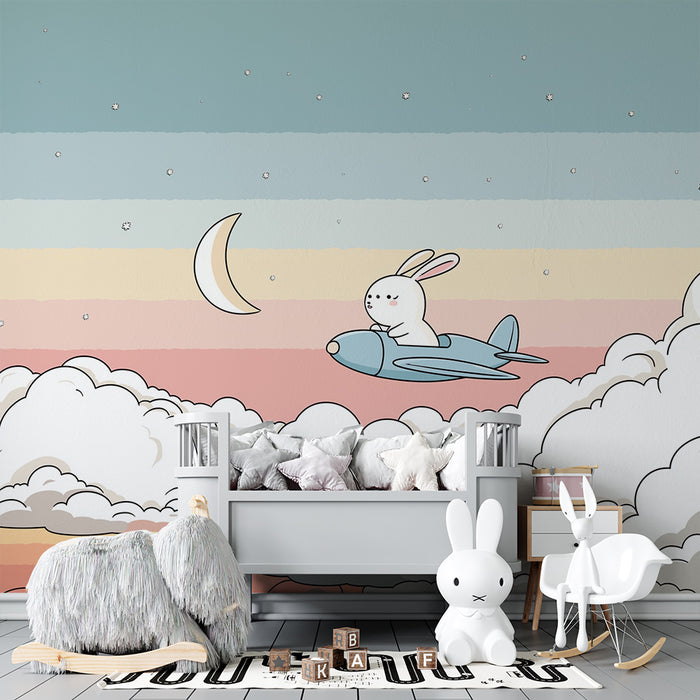 Carta da parati bambini | Coniglio avventuriero in un cielo pastello